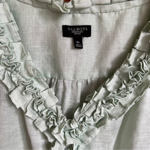 Talbots Top Linen Ruffle Short Sleeve Green Solid Women's Size 6 Petite - Picture 7 of 10